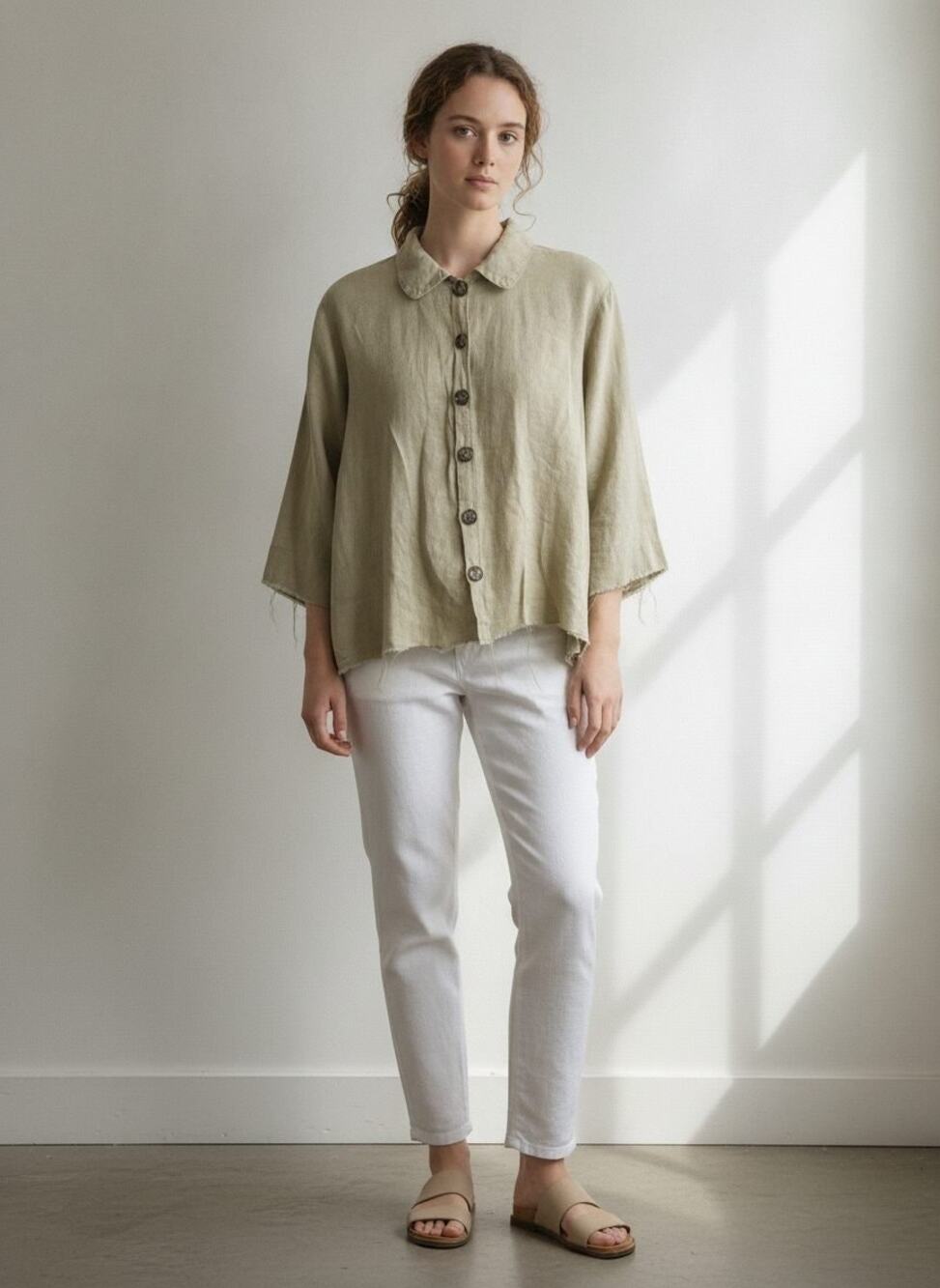 CP Shades Irish Linen Button-Front Shirt w/ Raw Hemline in Olive